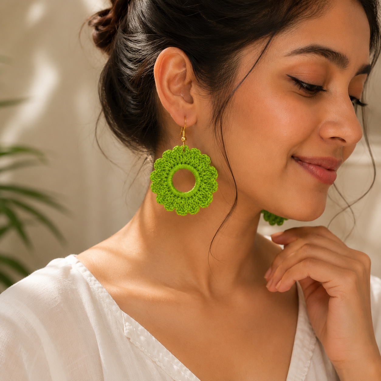Handcrafted Lime Green Crochet Flower Earrings | Lightweight Boho Statement Earrings