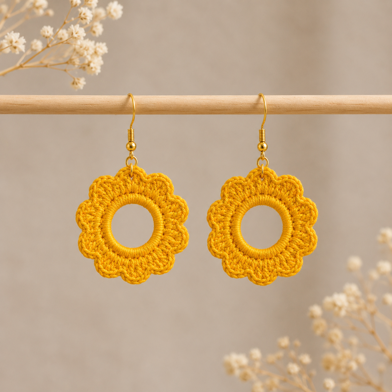 Handmade Yellow Crochet Flower Hoop Earrings | Lightweight Boho Statement Earrings