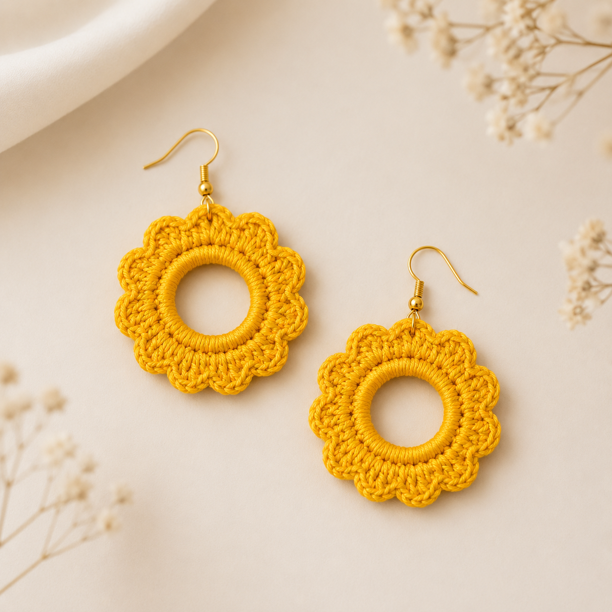 Handmade Yellow Crochet Flower Hoop Earrings | Lightweight Boho Statement Earrings