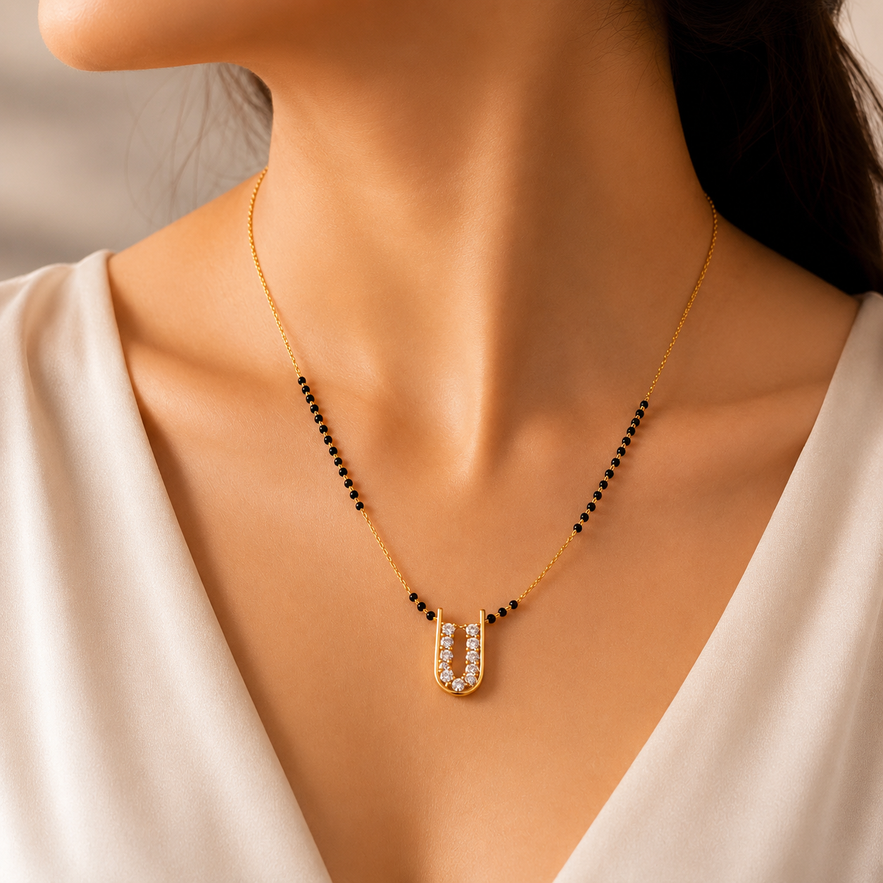 Elegant Diamond U Pendant Mangalsutra Necklace for Women | Gold-Plated | Anti-Tarnish