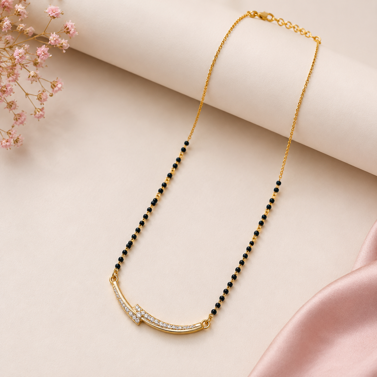 Elegant Curved CZ Mangalsutra Necklace | Gold Plated Anti-Tarnish Daily Wear Mangalsutra for Women