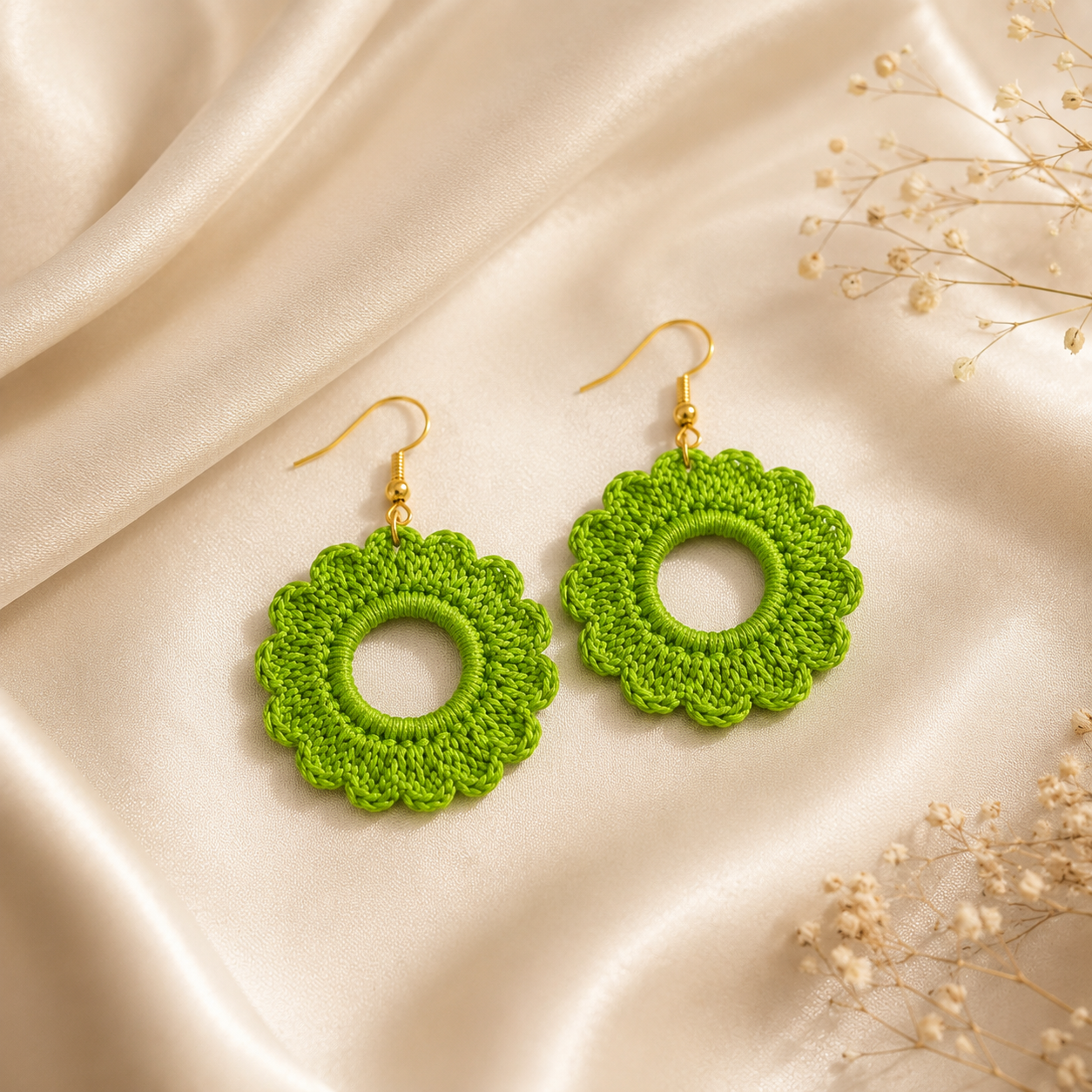 Handcrafted Lime Green Crochet Flower Earrings | Lightweight Boho Statement Earrings