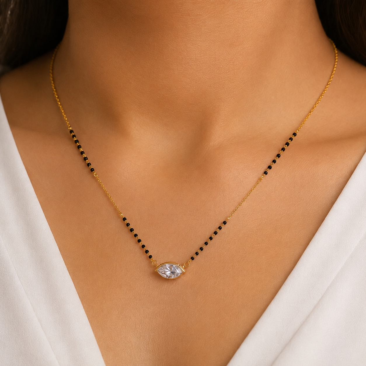 Elegant Marquise CZ Mangalsutra Necklace – Anti Tarnish Gold Plated | Daily Wear