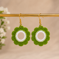 Handmade Crochet Flower Drop Earrings – Green & White Boho Statement Earrings