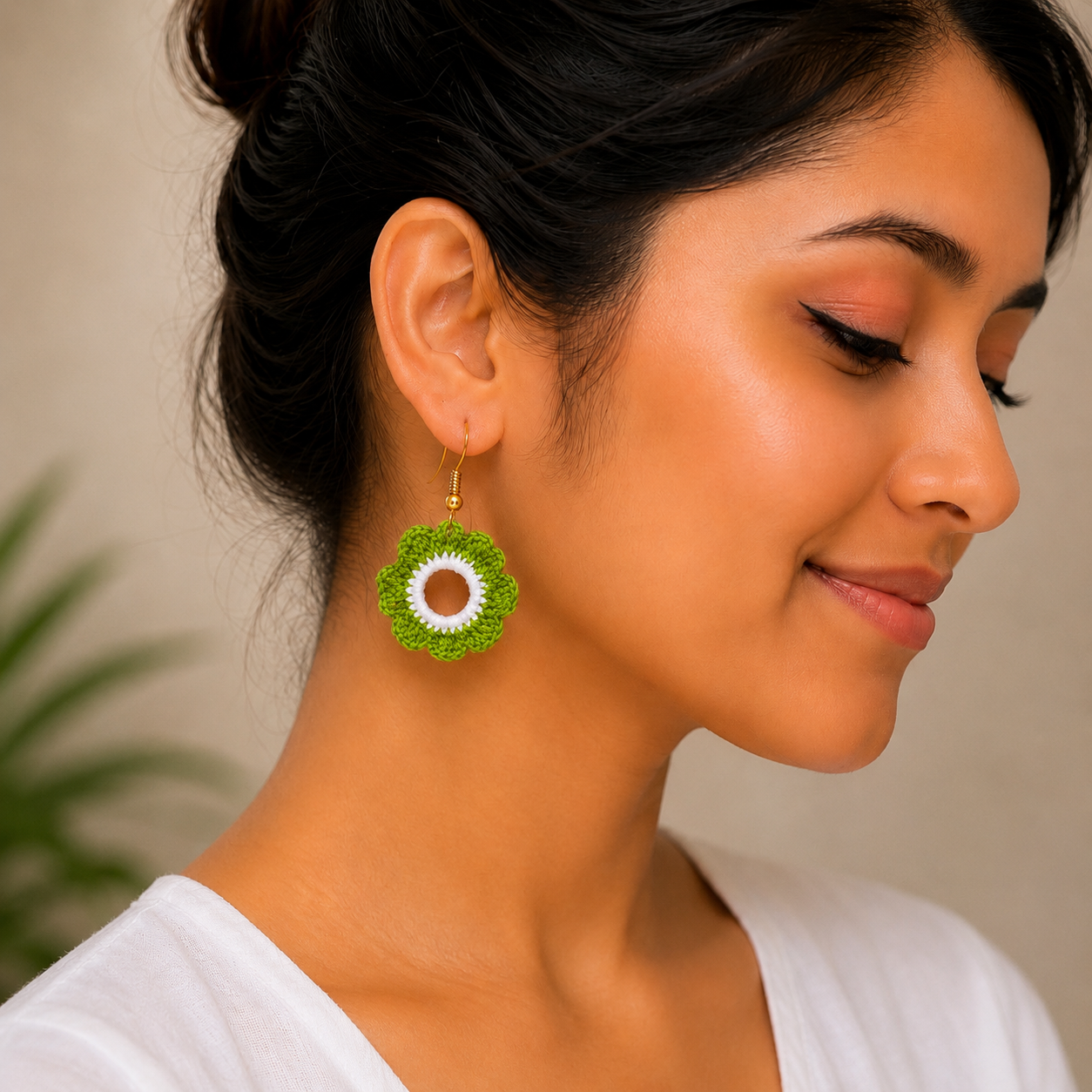 Handmade Crochet Flower Drop Earrings – Green & White Boho Statement Earrings