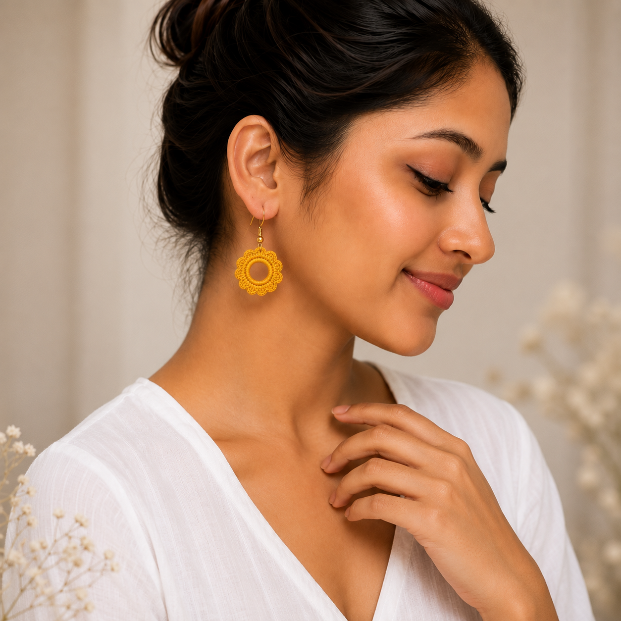 Handmade Yellow Crochet Flower Hoop Earrings | Lightweight Boho Statement Earrings