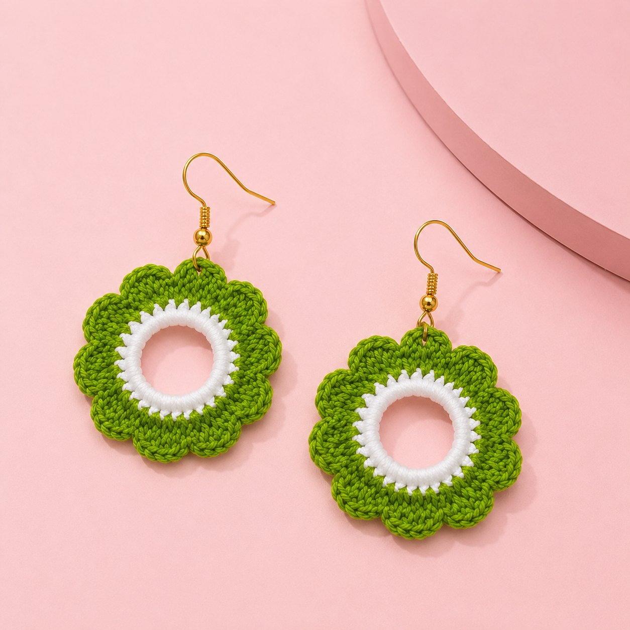 Handmade Crochet Flower Drop Earrings – Green & White Boho Statement Earrings