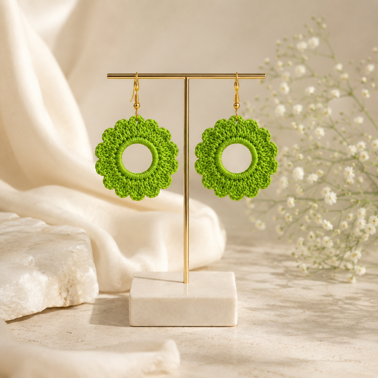 Handcrafted Lime Green Crochet Flower Earrings | Lightweight Boho Statement Earrings