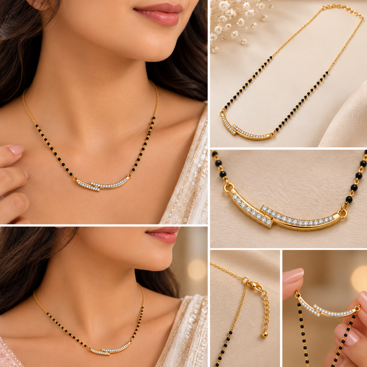Elegant Curved CZ Mangalsutra Necklace | Gold Plated Anti-Tarnish Daily Wear Mangalsutra for Women