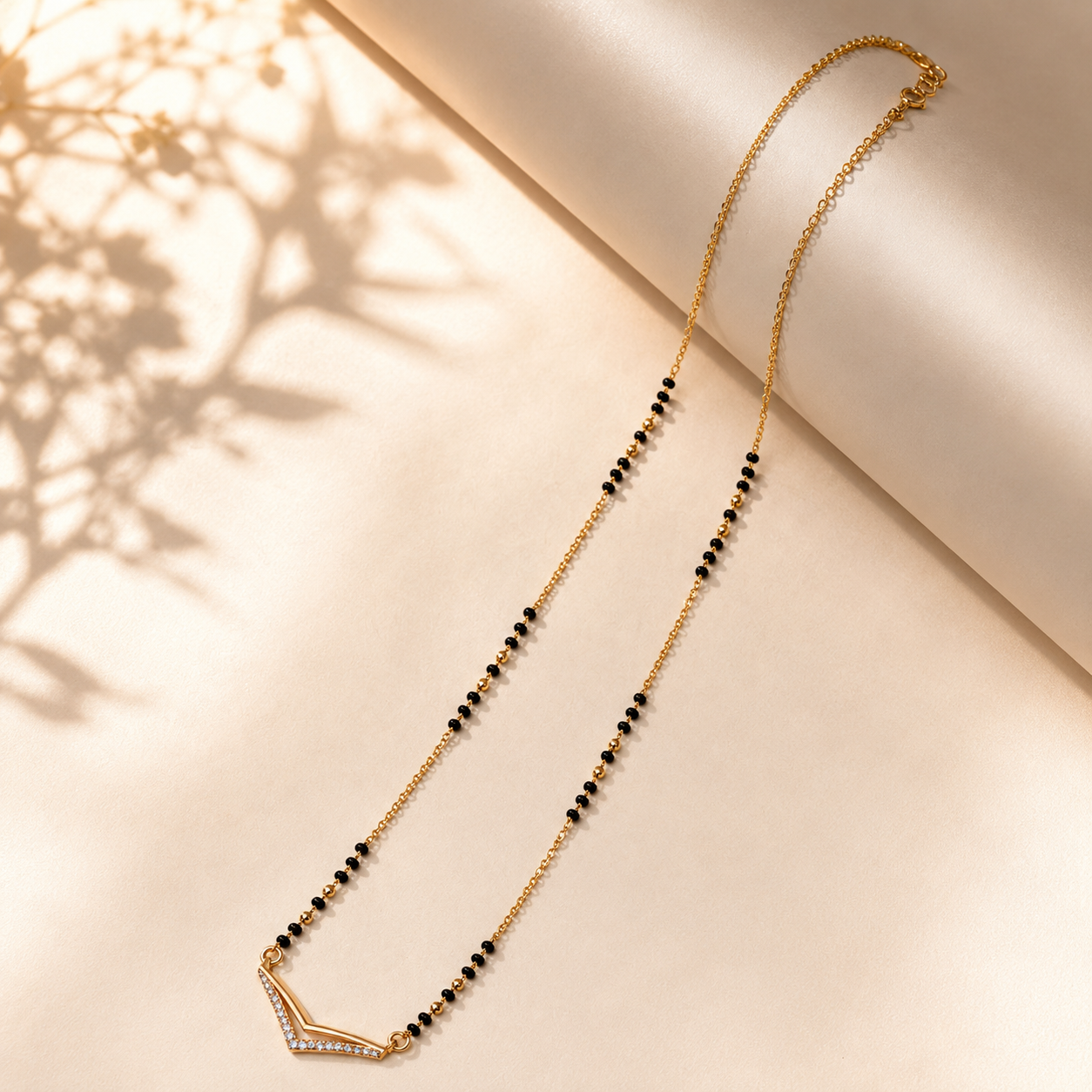 Elegant V-Shaped Diamond Mangalsutra | Gold Finish Black Bead Chain