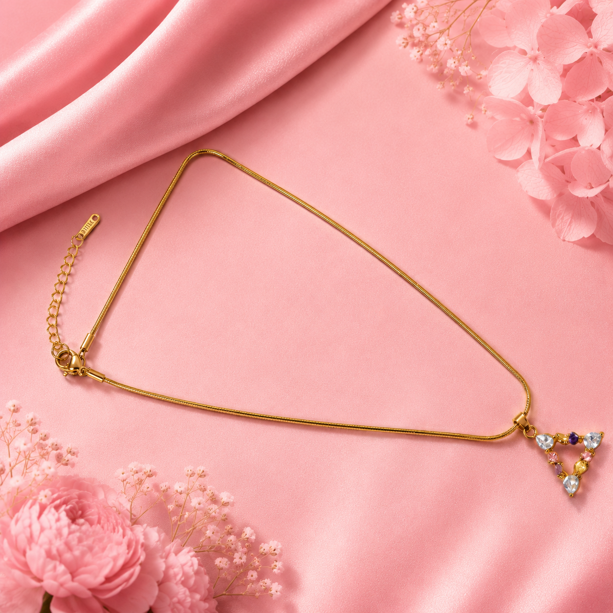 Pink Blossom Triangle Pendant Necklace – Luxury Gold-Tone Necklace for Wo