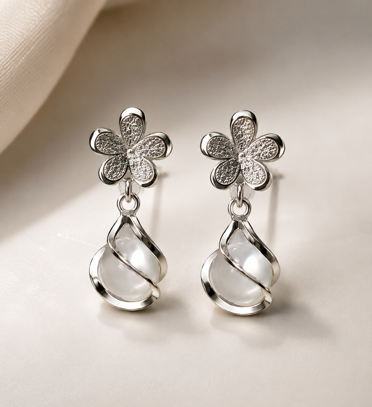 Silver Floral Drop Earrings for Women