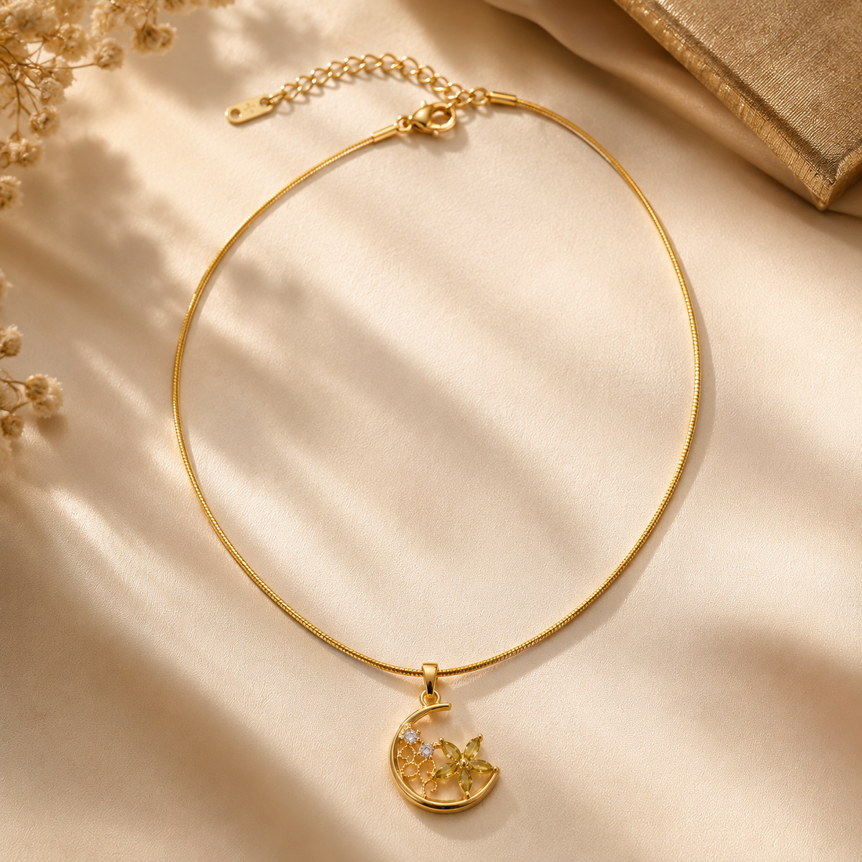 Moonlit Floral Crescent Necklace – Gold Stainless Steel Pendant