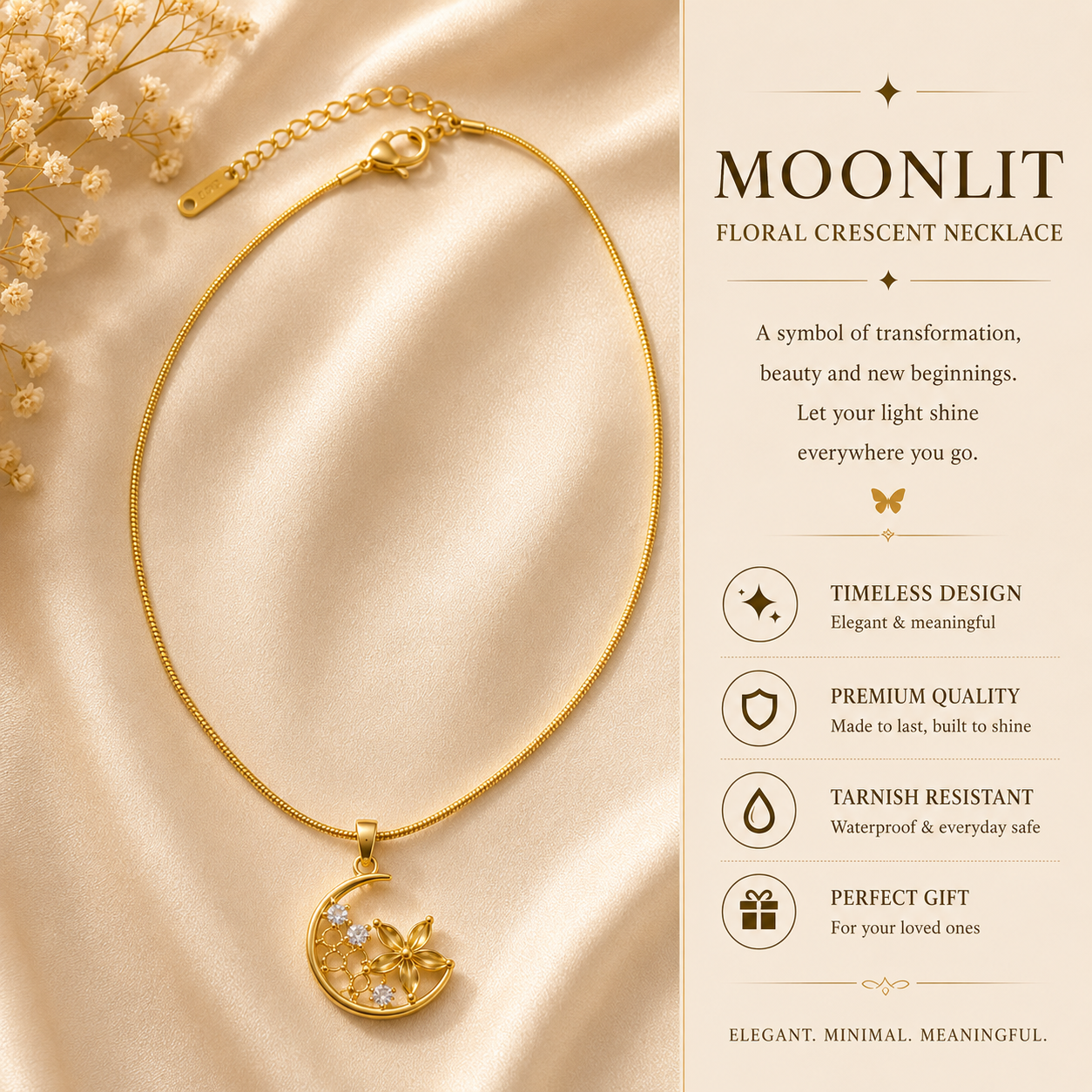 Moonlit Floral Crescent Necklace – Gold Stainless Steel Pendant