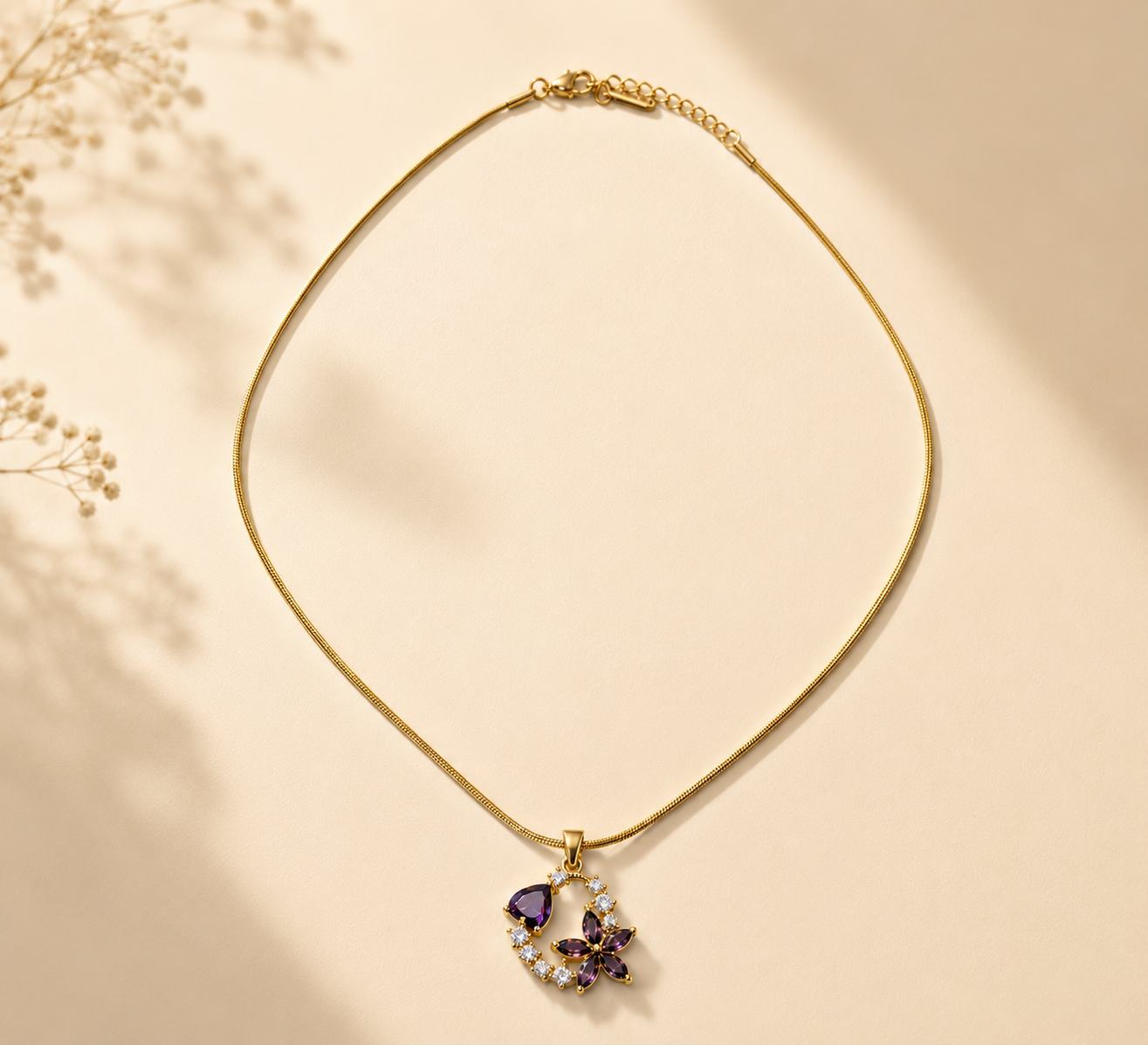 Royal Amethyst Floral Pendant Necklace – Luxury Gold-Tone Statement Jewelry