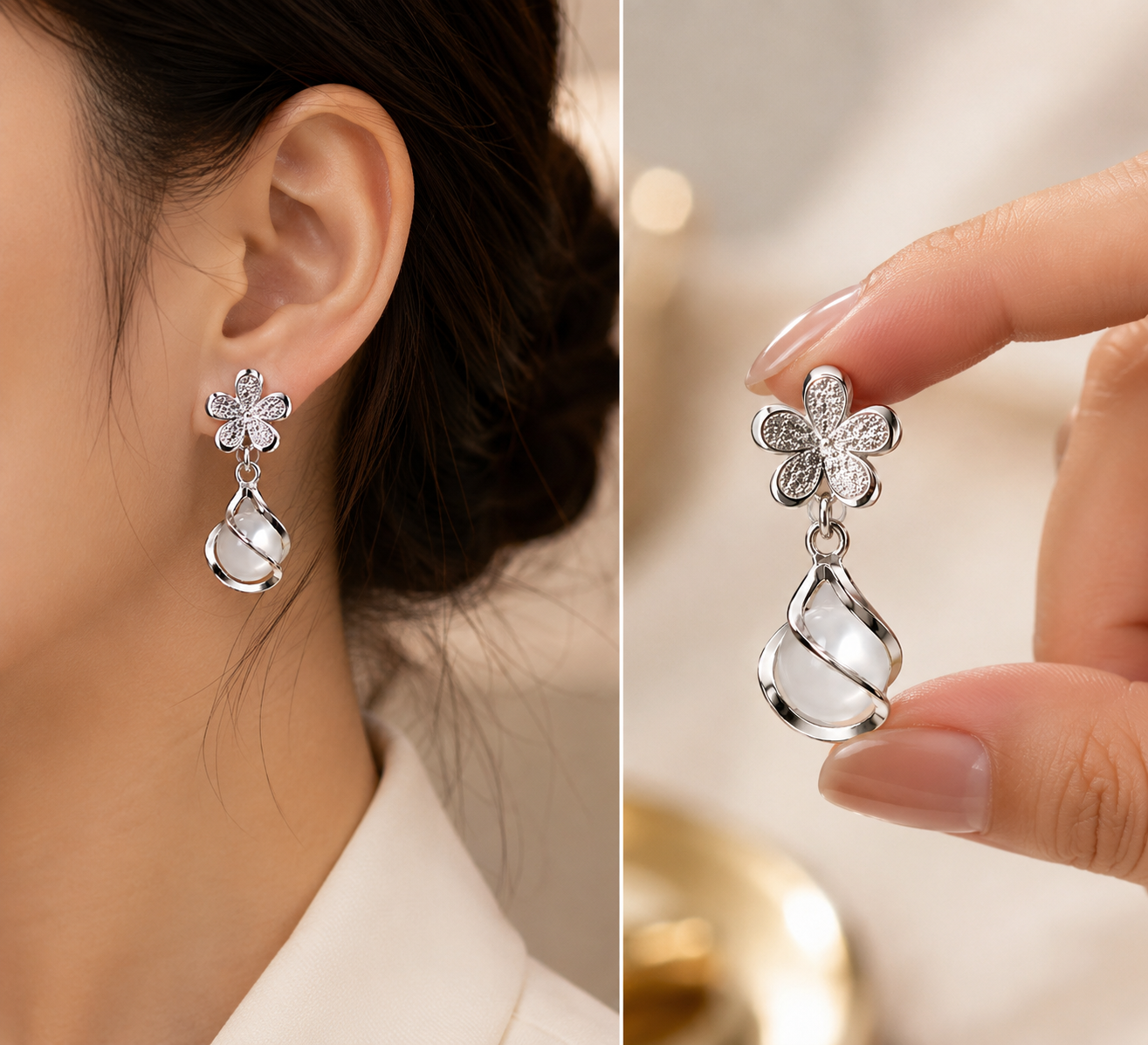 Silver Floral Drop Earrings for Women