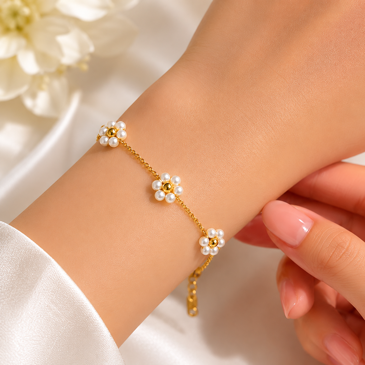 Pearl Blossom Gold Bracelet – Elegant Floral Charm Bracelet
