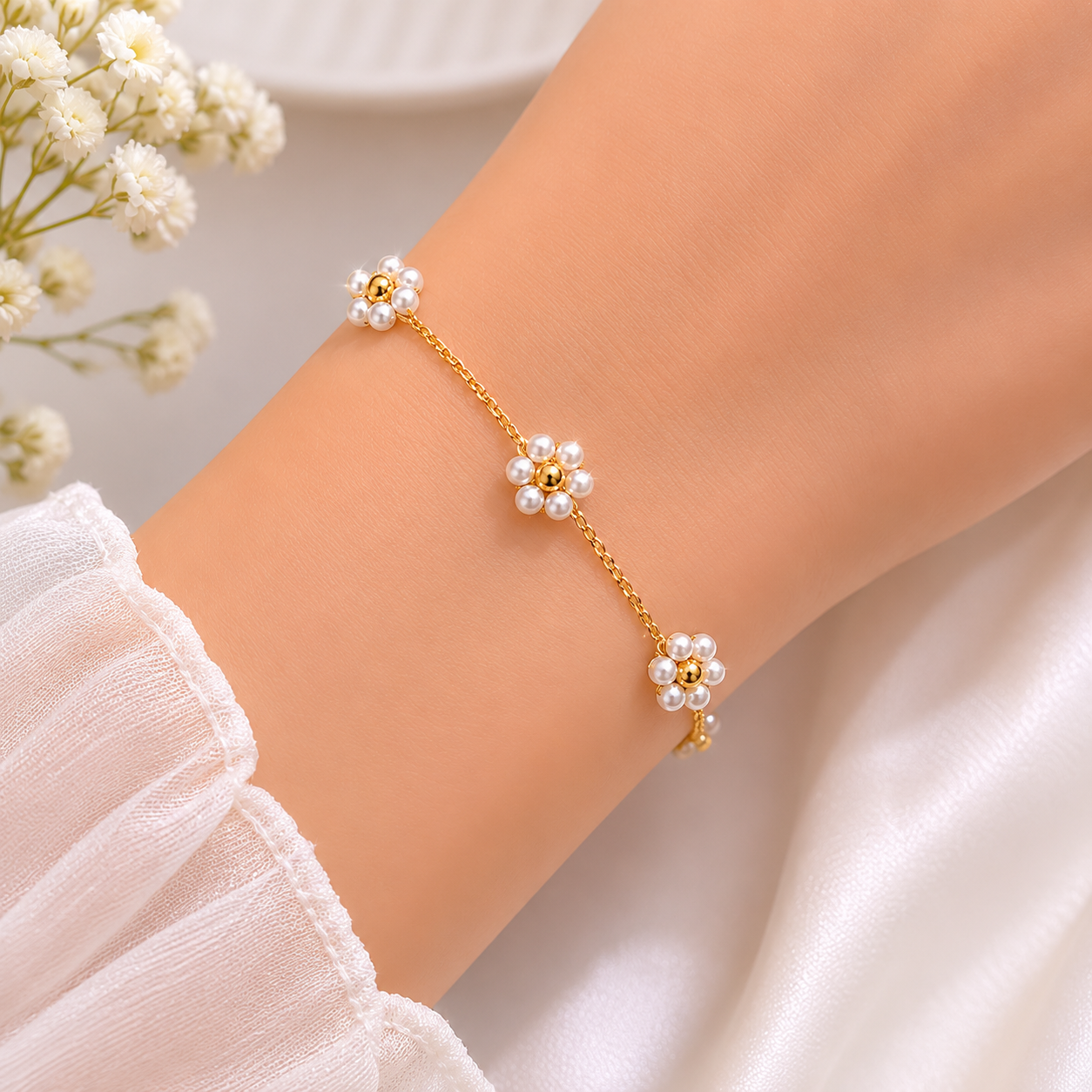 Pearl Blossom Gold Bracelet – Elegant Floral Charm Bracelet