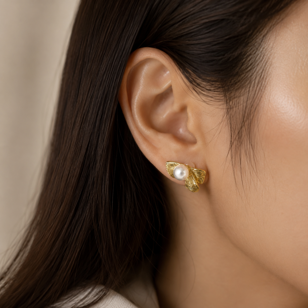 Golden Pearl Leaf Stud Earrings
