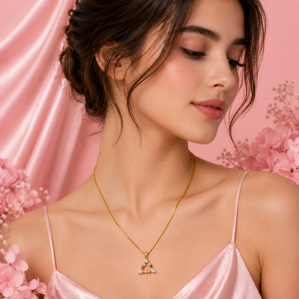 Pink Blossom Triangle Pendant Necklace – Luxury Gold-Tone Necklace for Wo